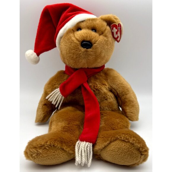 Vtg Ty Beanie Baby Buddy 2001 Christmas Santa Teddy Bear Hat Scarf Large 14” - Picture 1 of 7